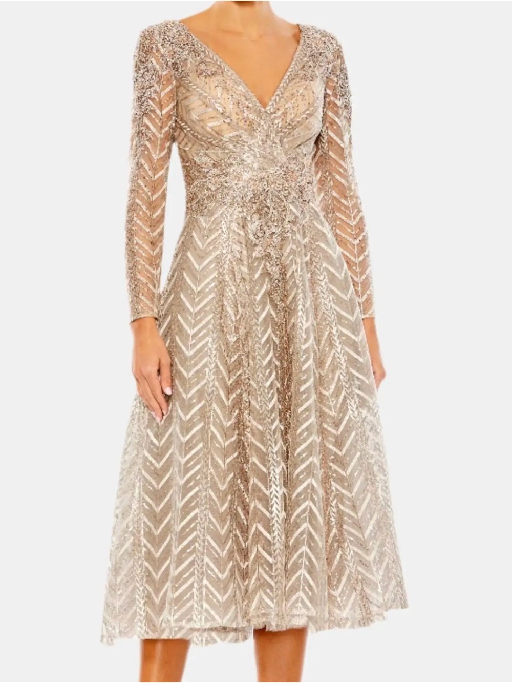 Mac Duggal 20399 Beige Gold Sequin Embellished Long Sleeve Wrap Dress NWT